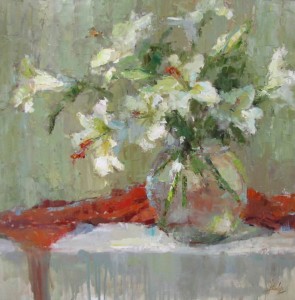 Lilies, oil, 36 x 36, by Barbara Flowers