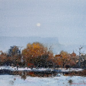 Tom Perkinson, December Moon, New Mexico, watercolor/mixed media, 10 x 10.