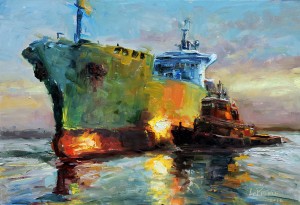 Kevin LePrince, Lighting the Harbor, oil, 13 x 19.