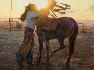 Bruce A. Greene, Daybreak for a Bronc Man, oil, 30 x 40.