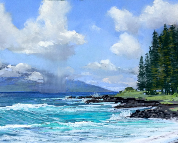Michael E. Clements, View of the Big Island From Hamoa, pastel, 14 x 24.