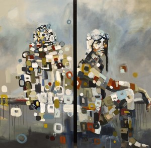 Britt Freda, Fly: Barred Owl and Emilia Earhart, diptych, acrylic/graphite, 48 x 24 each or 48 x 48.