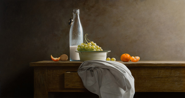 Mark Van Crombrugge, Old Milk Bottle and Grapes, oil, 31 x 59.