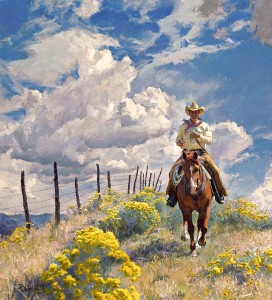 R.S. Riddick, Chamisa Line Rider, oil, 40 x 36.