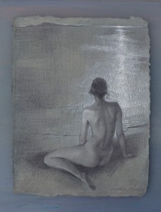 Alexey Steele, Distant Fire on the Full Moon, charcoal/handmade paper, 16 x 12.