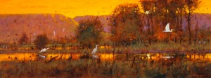 Tom Perkinson, White Egrets at Sunset, Bosque del Apache, oil, 12 x 32.