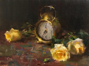 Kyle Ma, Still Life With Antique Clock, oil, 9 x 12.